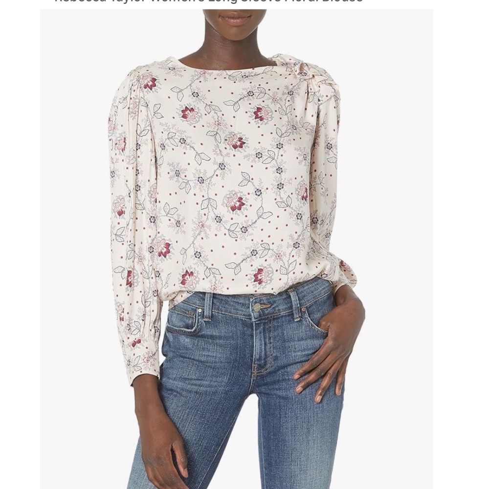 Rebecca Taylor Silk Blend Floral Ruffle Shoulder Blouse Ivory Burgundy Size 14